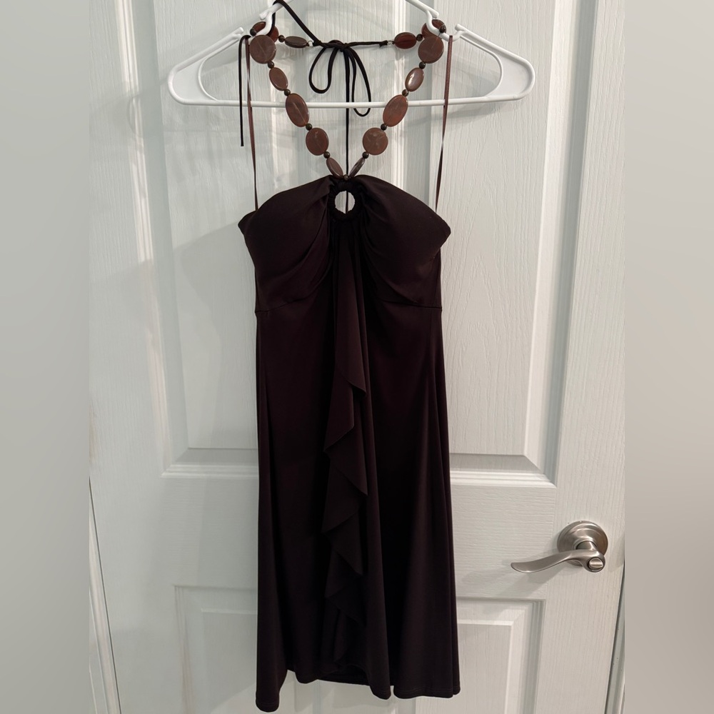 Cache Strapless Dark Brown Halter Maxi Dress with… - image 1
